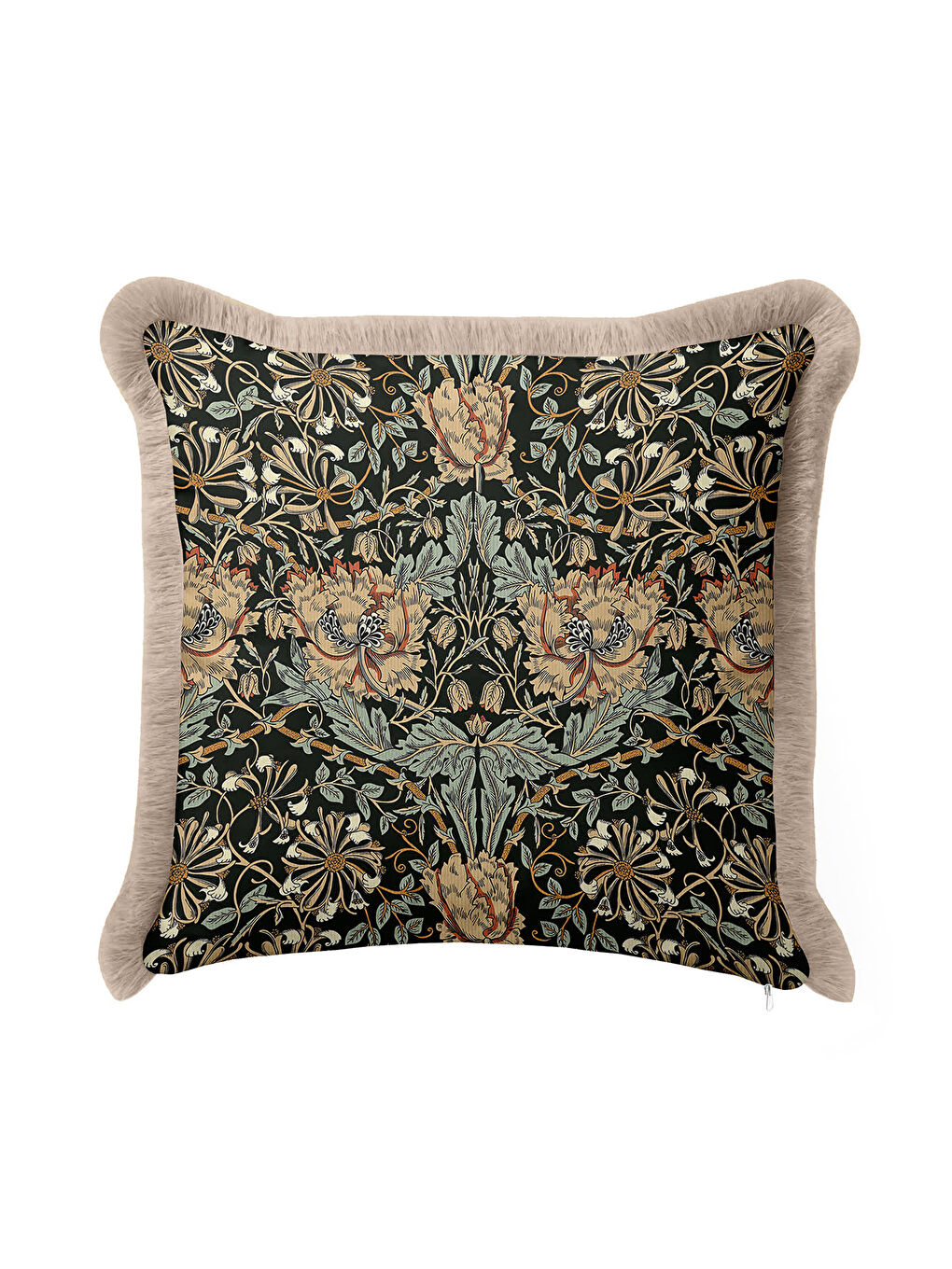 Karışık Barok Çiçekli Saçaklı Yastık Kılıfı - Klasik Rustik Siyah Yeşil Altın Renkli Püsküllü Kırlent Kılıfı-2