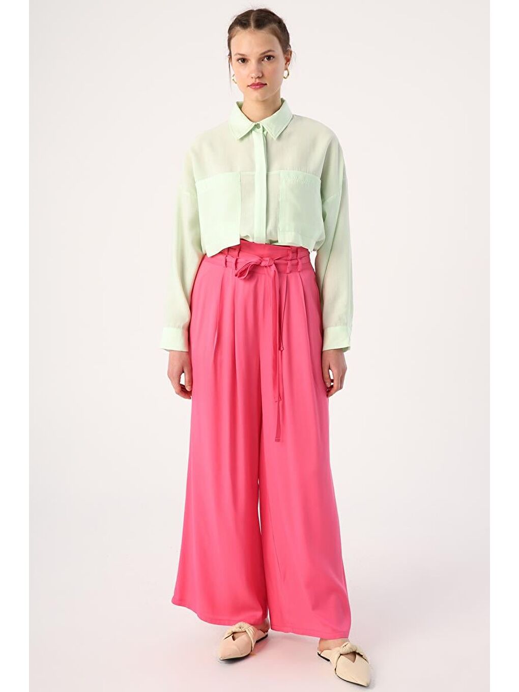 Koyu Pembe-Beli Lastikli Pileli Bol Paça Viscon Pantolon-1