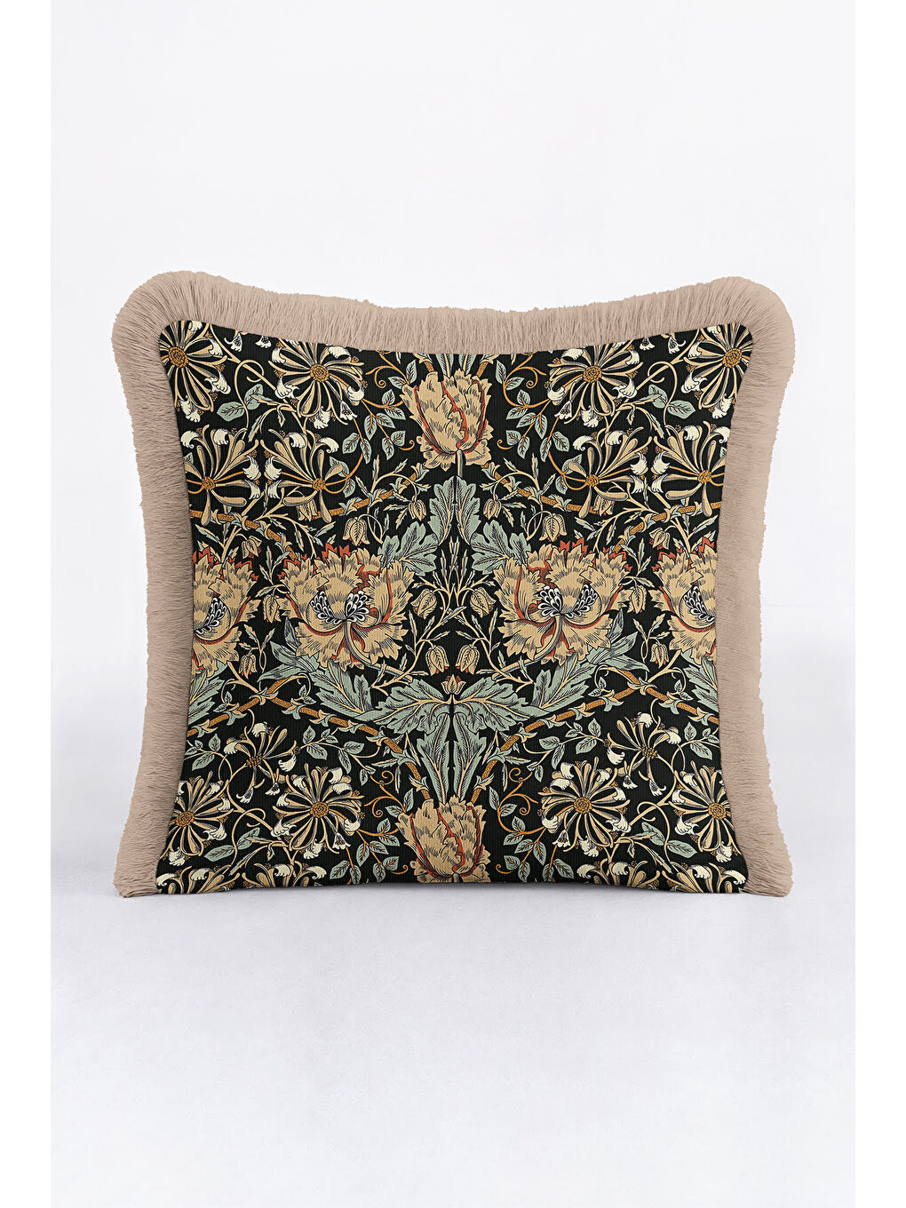 Karışık Barok Çiçekli Saçaklı Yastık Kılıfı - Klasik Rustik Siyah Yeşil Altın Renkli Püsküllü Kırlent Kılıfı-3