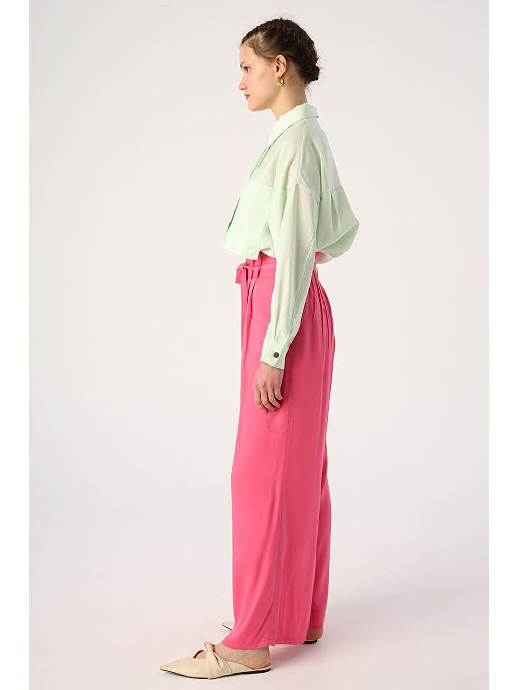 Koyu Pembe-Beli Lastikli Pileli Bol Paça Viscon Pantolon-2