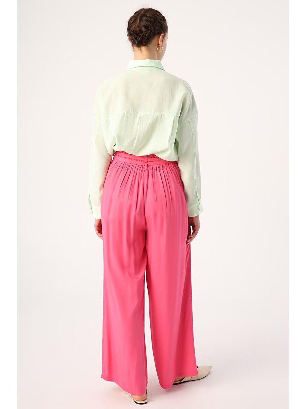 Koyu Pembe-Beli Lastikli Pileli Bol Paça Viscon Pantolon-3