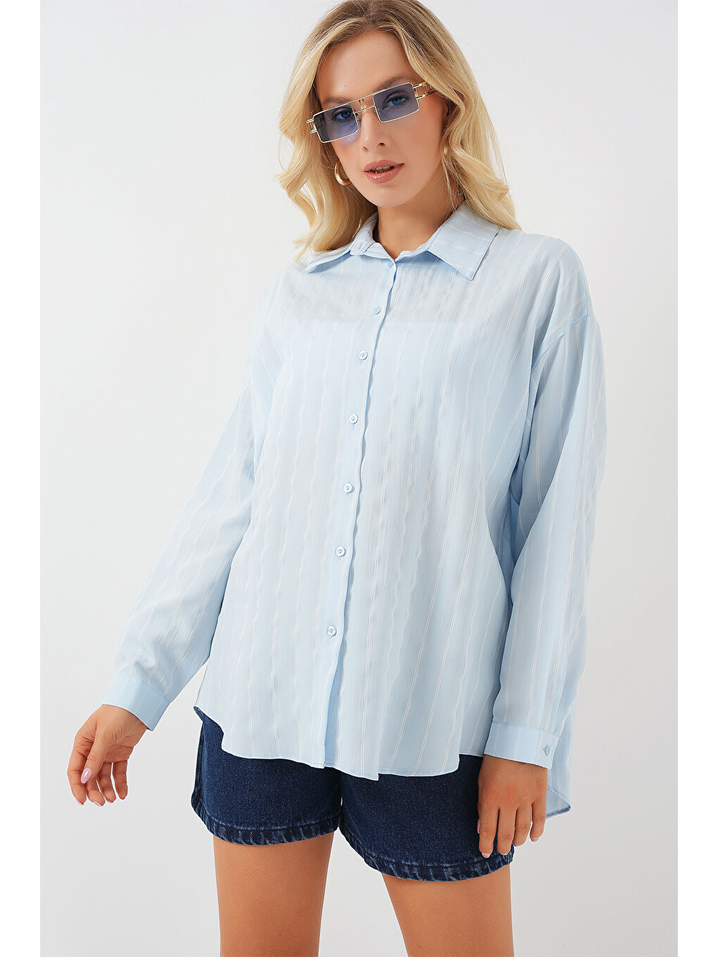 3900 Oversize Uzun Basic Gömlek - C.Mavi-1