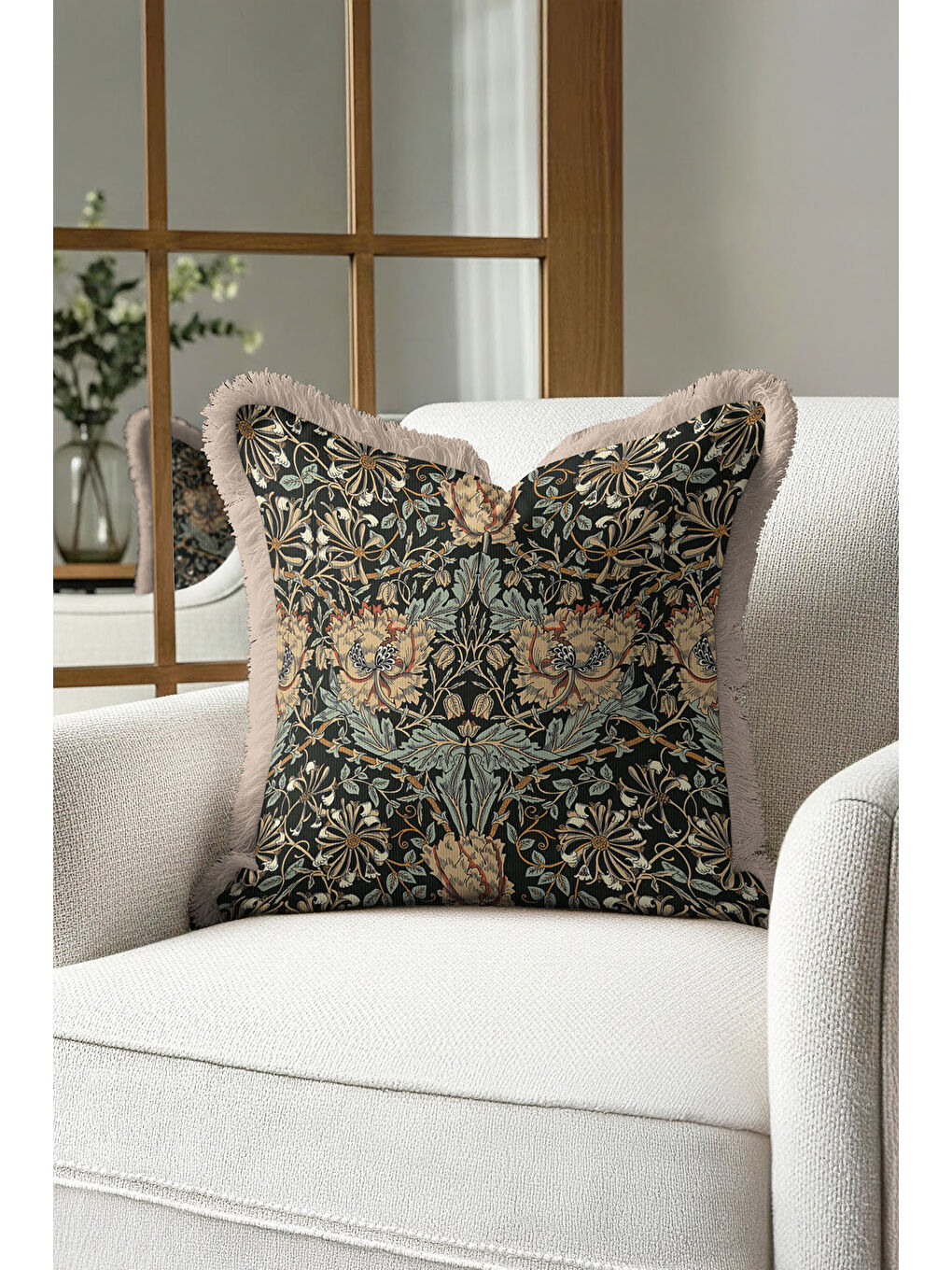 Karışık Barok Çiçekli Saçaklı Yastık Kılıfı - Klasik Rustik Siyah Yeşil Altın Renkli Püsküllü Kırlent Kılıfı-4