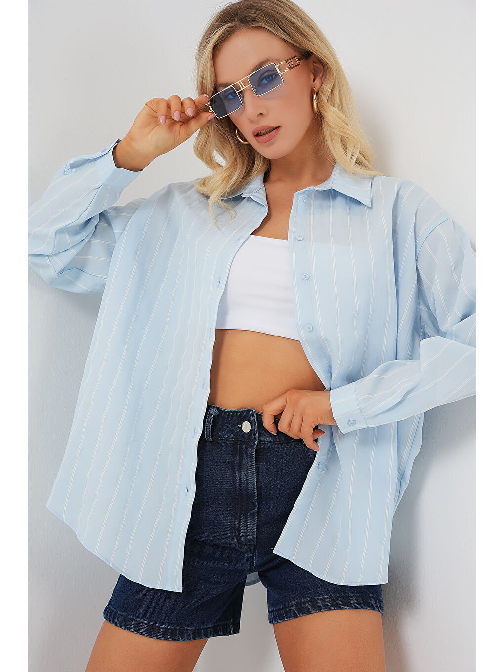 3900 Oversize Uzun Basic Gömlek - C.Mavi-5