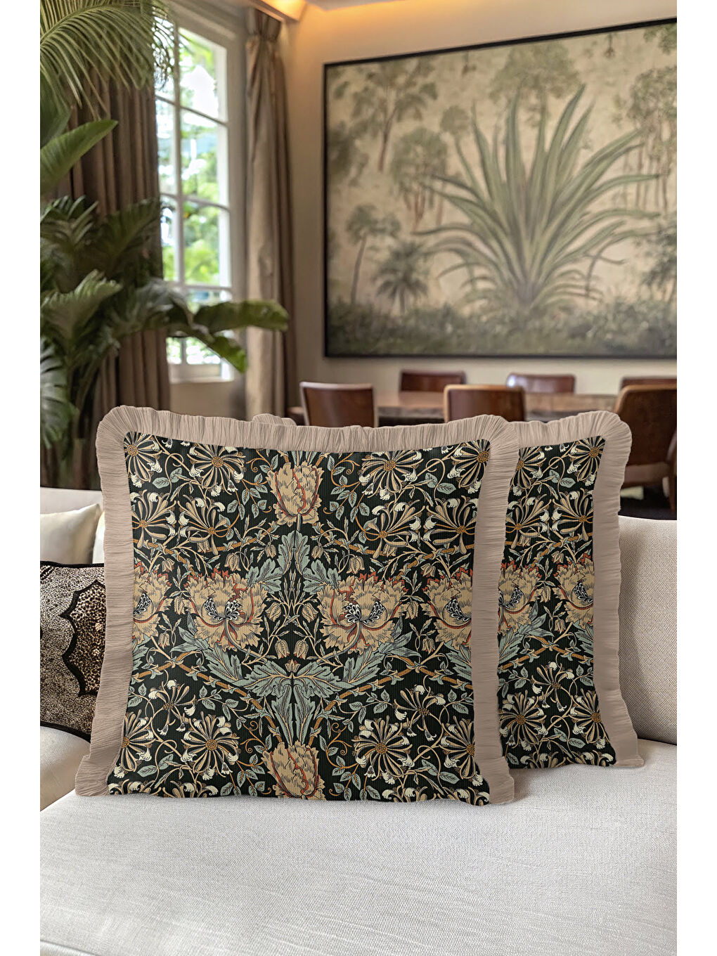 Karışık Barok Çiçekli Saçaklı Yastık Kılıfı - Klasik Rustik Siyah Yeşil Altın Renkli Püsküllü Kırlent Kılıfı-5