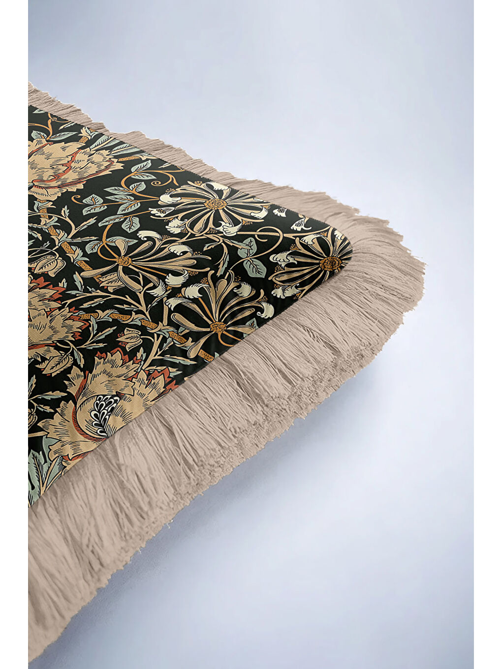 Karışık Barok Çiçekli Saçaklı Yastık Kılıfı - Klasik Rustik Siyah Yeşil Altın Renkli Püsküllü Kırlent Kılıfı-6