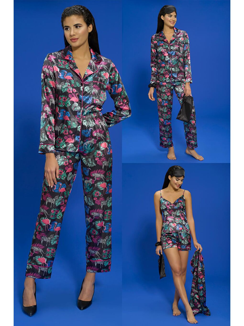 For You Moda Fuşya 7'li Kaplan Flamingo Desenli Yeşil Pijama Takımı - 3