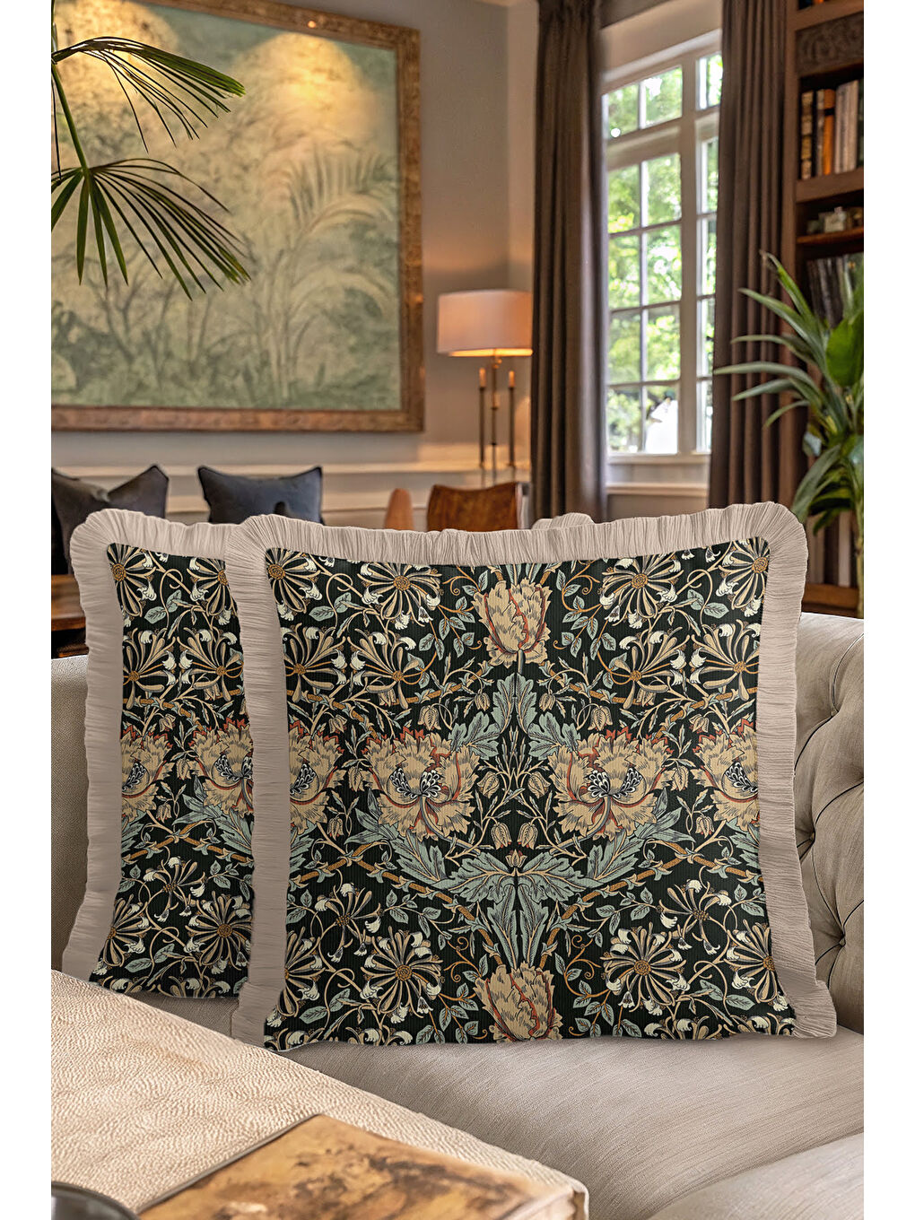Karışık Barok Çiçekli Saçaklı Yastık Kılıfı - Klasik Rustik Siyah Yeşil Altın Renkli Püsküllü Kırlent Kılıfı-7