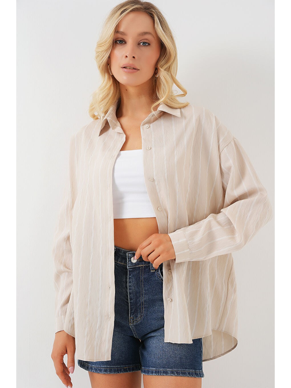 3900 Oversize Kareli Gömlek - Y.Bej