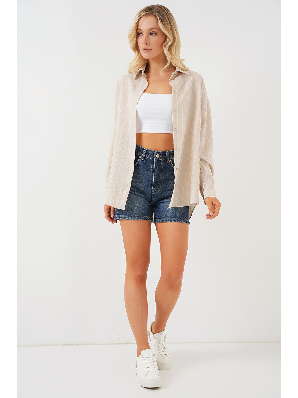 3900 Oversize Kareli Gömlek - Y.Bej-1