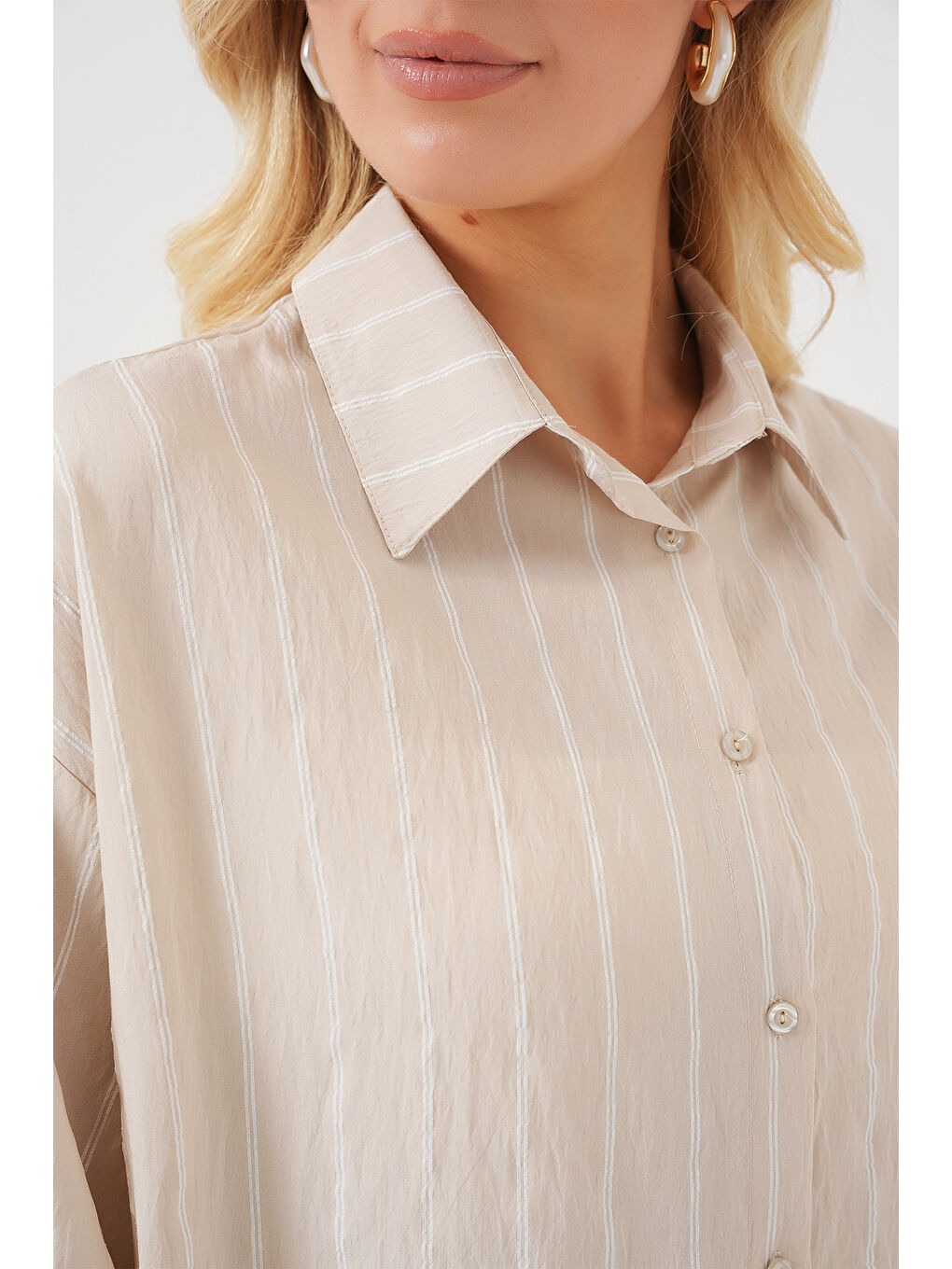 3900 Oversize Kareli Gömlek - Y.Bej-4