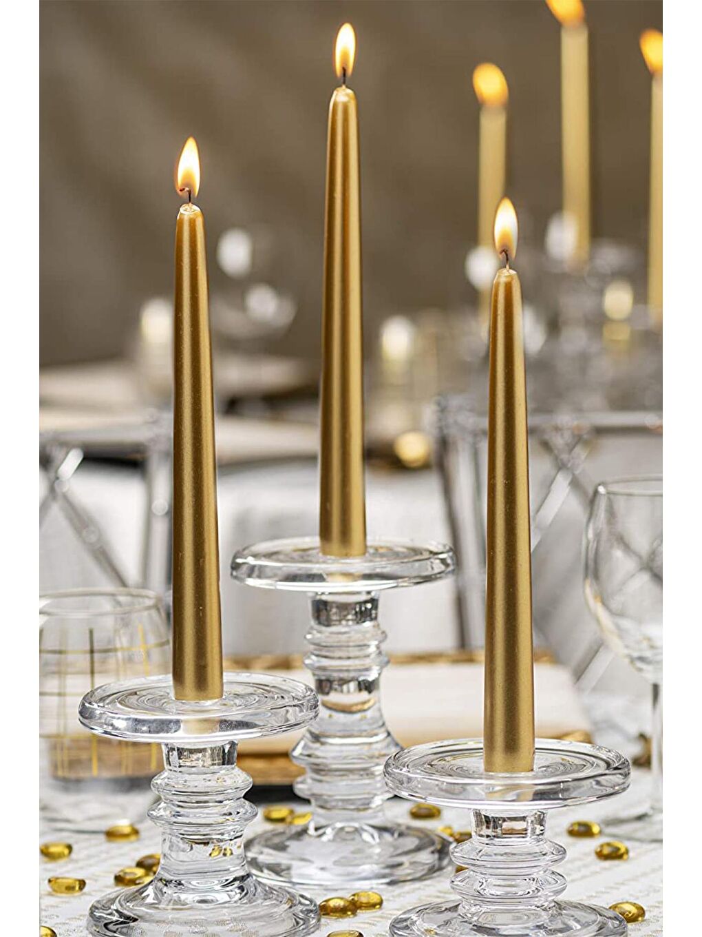 Sarı Şamdan Mumu | 4 Adet | Parlak Metalik Gold Renk Konik Şamdan Mumu-1