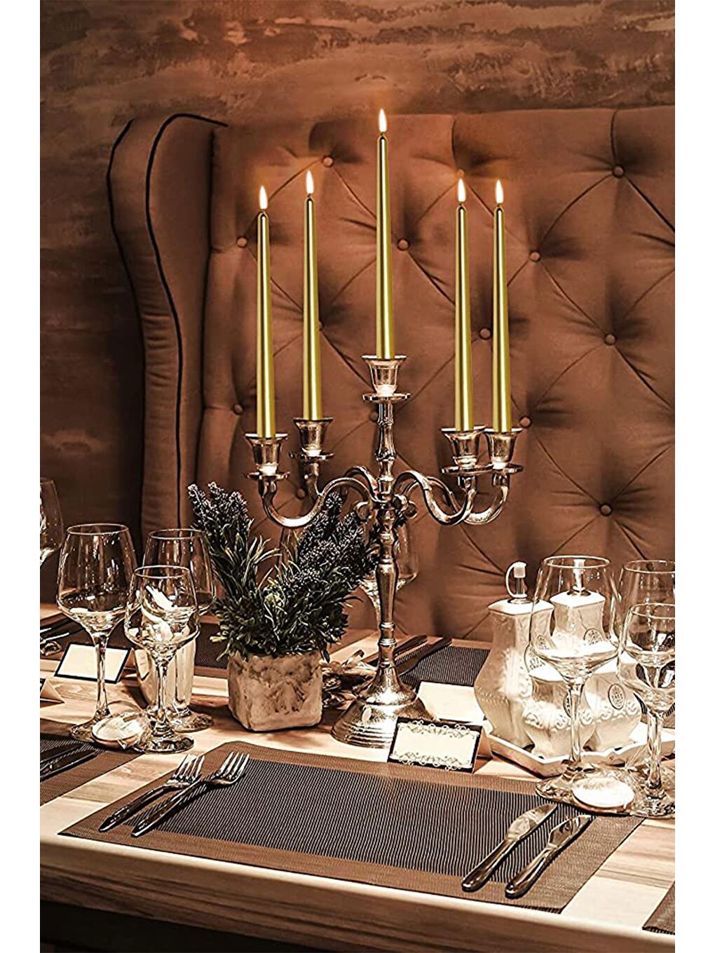 Sarı Şamdan Mumu | 4 Adet | Parlak Metalik Gold Renk Konik Şamdan Mumu-3