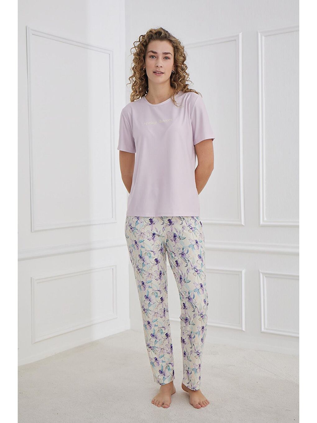 Kadın Bisiklet Yaka Çiçek Desenli Pijama Takım | Lila 30102-1168