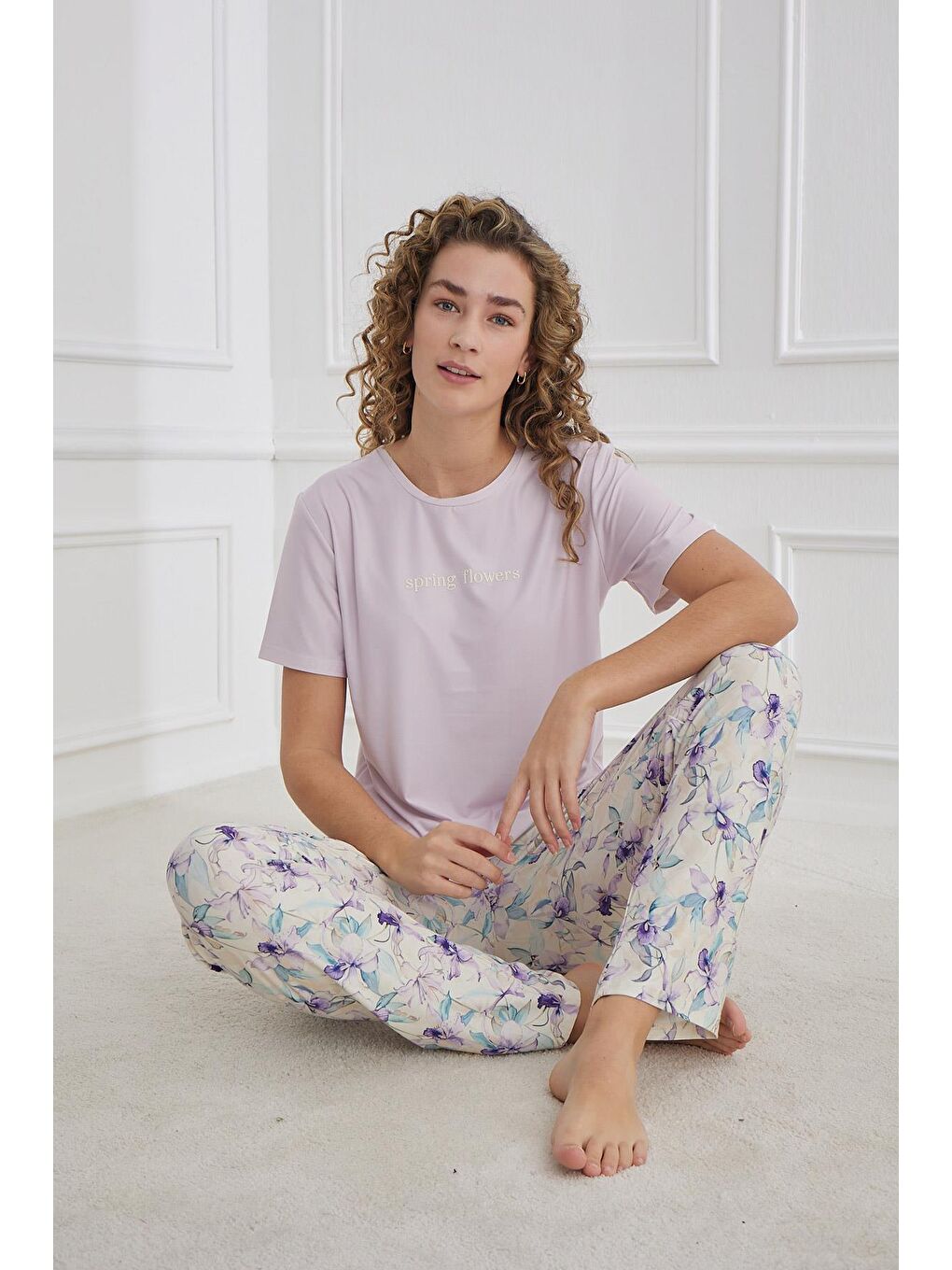 Kadın Bisiklet Yaka Çiçek Desenli Pijama Takım | Lila 30102-1168-1