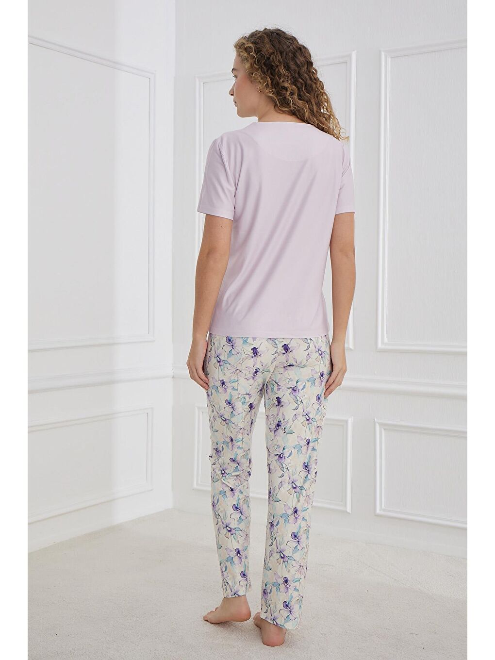 Kadın Bisiklet Yaka Çiçek Desenli Pijama Takım | Lila 30102-1168-2
