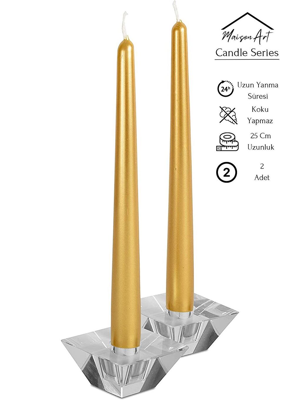 MaisonArt Sarı Şamdan Mumu | 2 Adet | Parlak Metalik Gold Renk Konik Şamdan Mumu