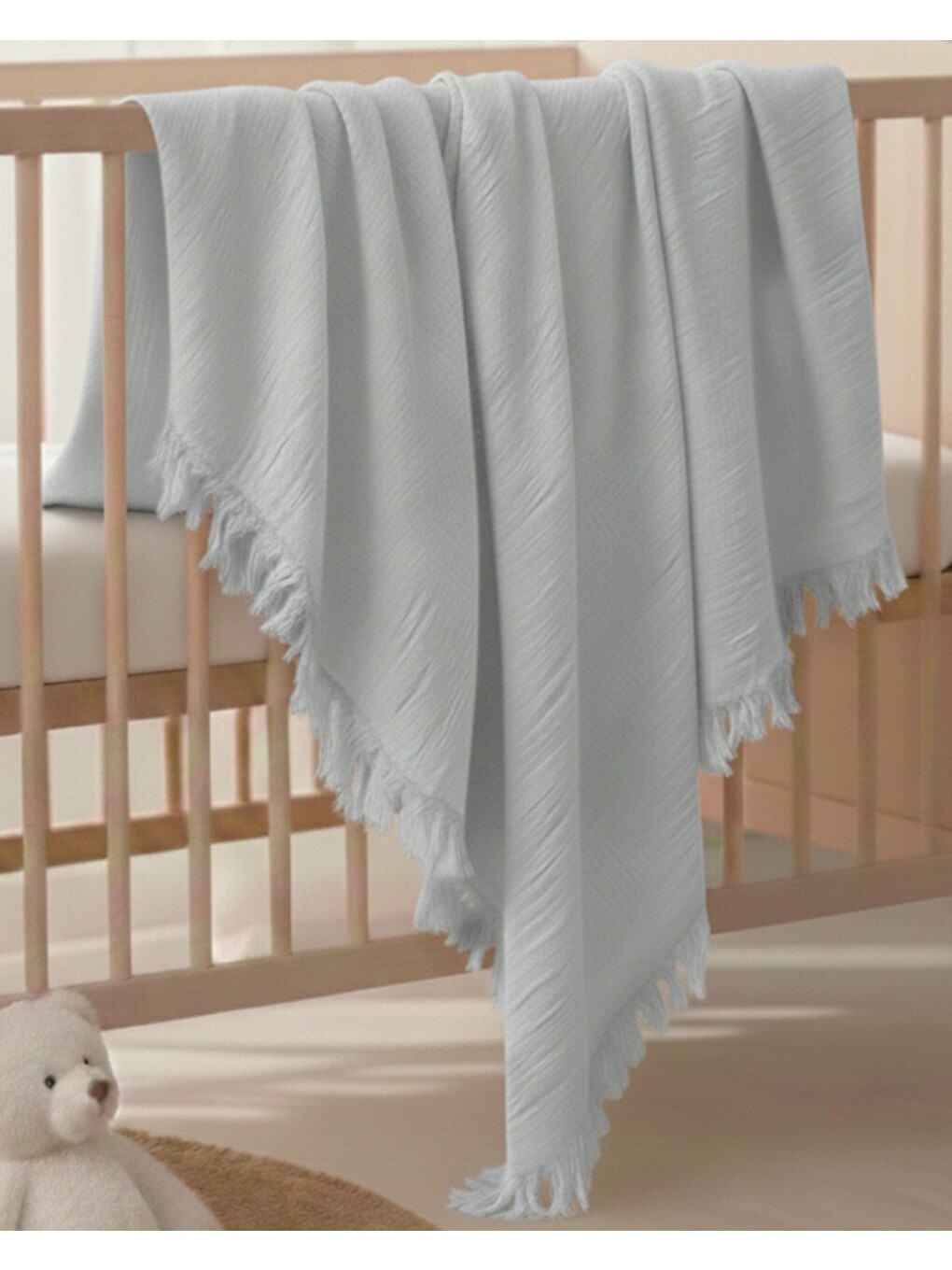 Gri Tek Katlı 110x90 Cm Saçaklı Düz Renk Lüx Müslin Battaniye