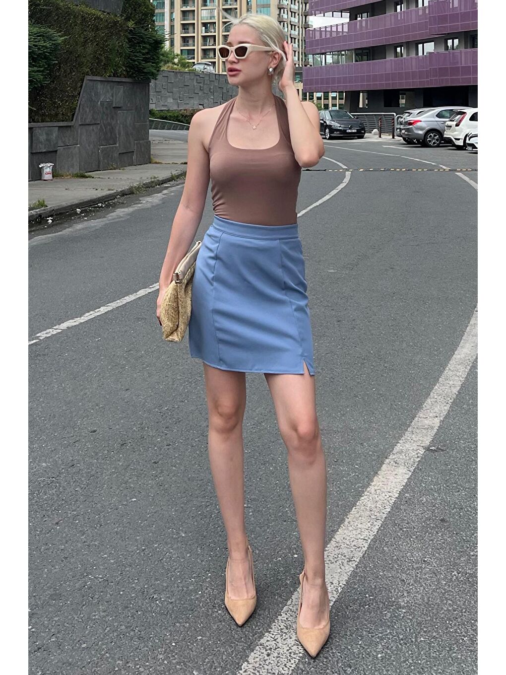 Mavi Yüksek Bel Önden Yırtmaçlı Kısa Etek Mg2086