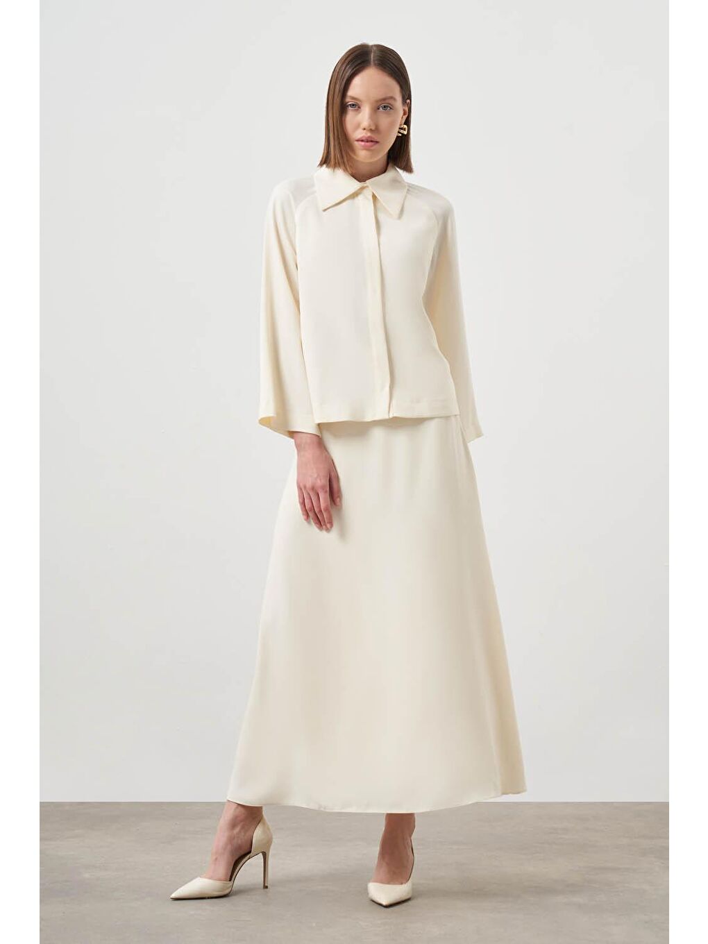 Fermuarlı Kloş Ekru Etek