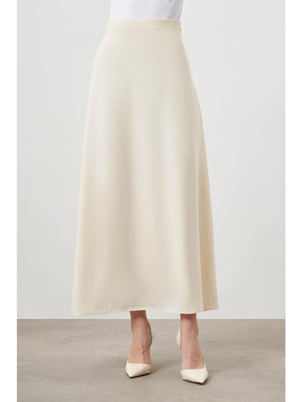 Fermuarlı Kloş Ekru Etek-1