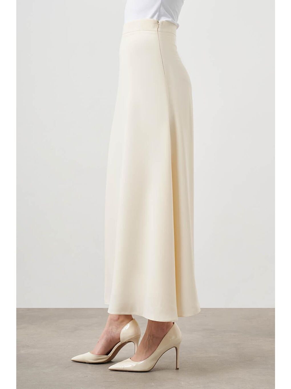 Fermuarlı Kloş Ekru Etek-2