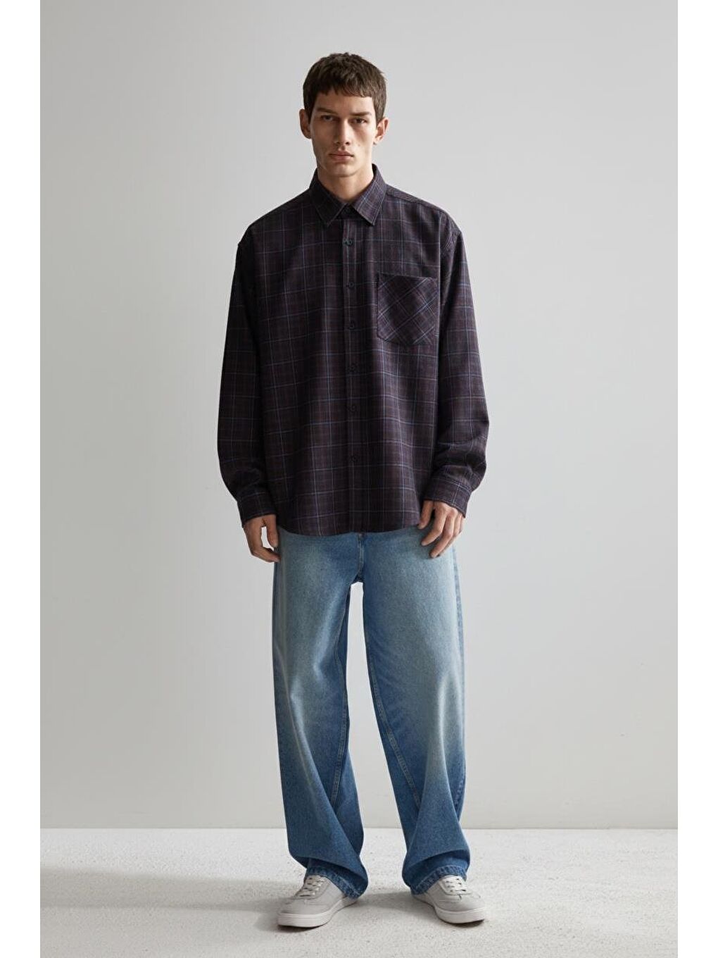 Erkek Oversize Ekose Baskılı %100 Pamuk Gömlek Antrasit-2