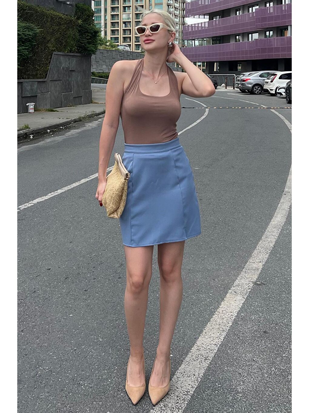 Mavi Yüksek Bel Önden Yırtmaçlı Kısa Etek Mg2086-1