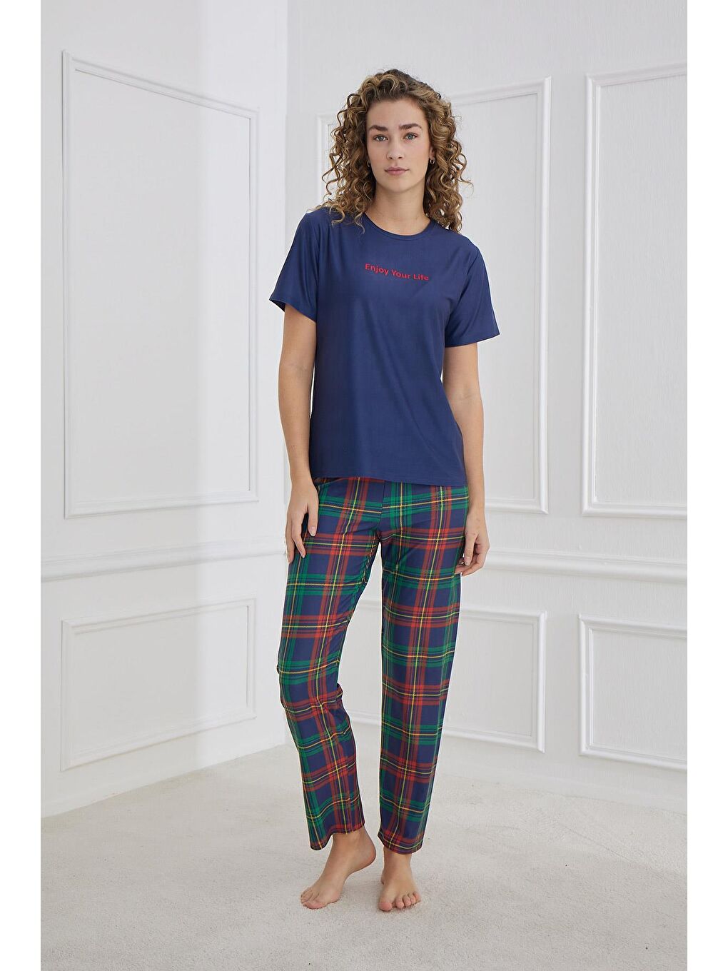 Kadın Ekose Desenli Bisiklet Yaka Pijama Takım | Lacivert 30102-1281