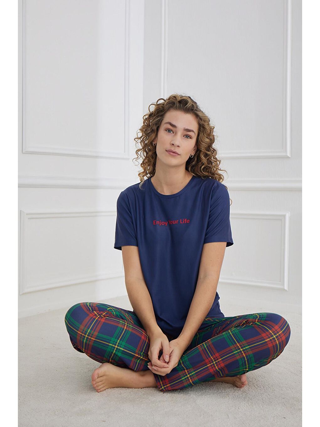 Kadın Ekose Desenli Bisiklet Yaka Pijama Takım | Lacivert 30102-1281-1