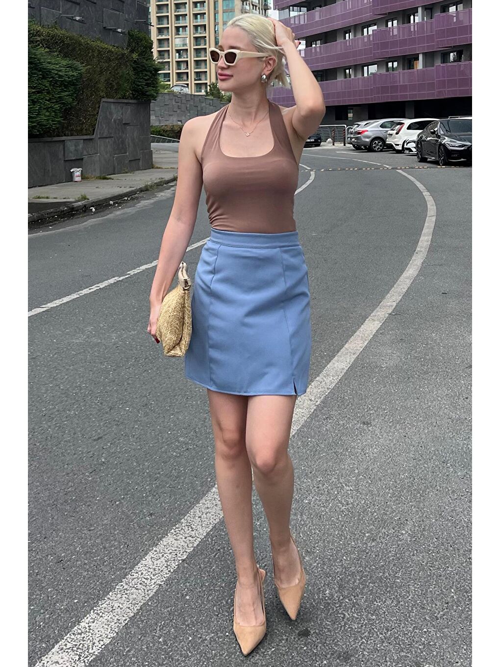 Mavi Yüksek Bel Önden Yırtmaçlı Kısa Etek Mg2086-3