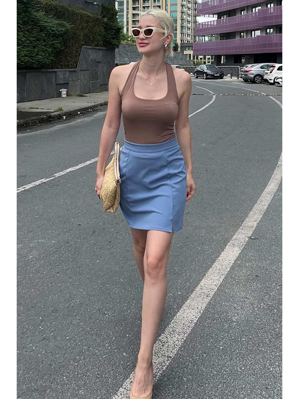 Mavi Yüksek Bel Önden Yırtmaçlı Kısa Etek Mg2086-4