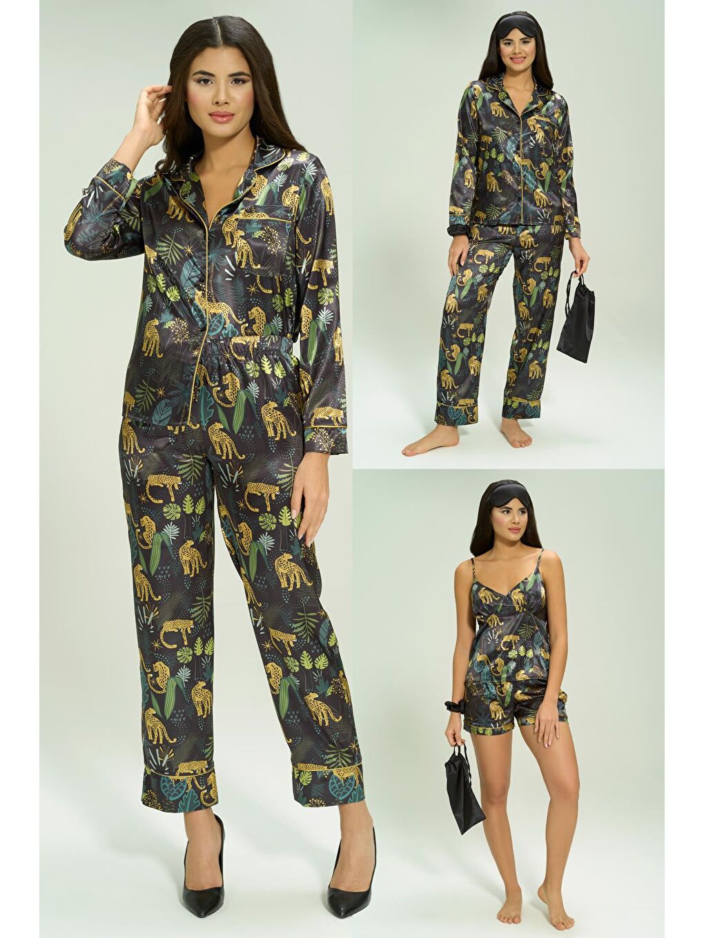 7'li Kaplan Desenli Yeşil Pijama Takımı-3