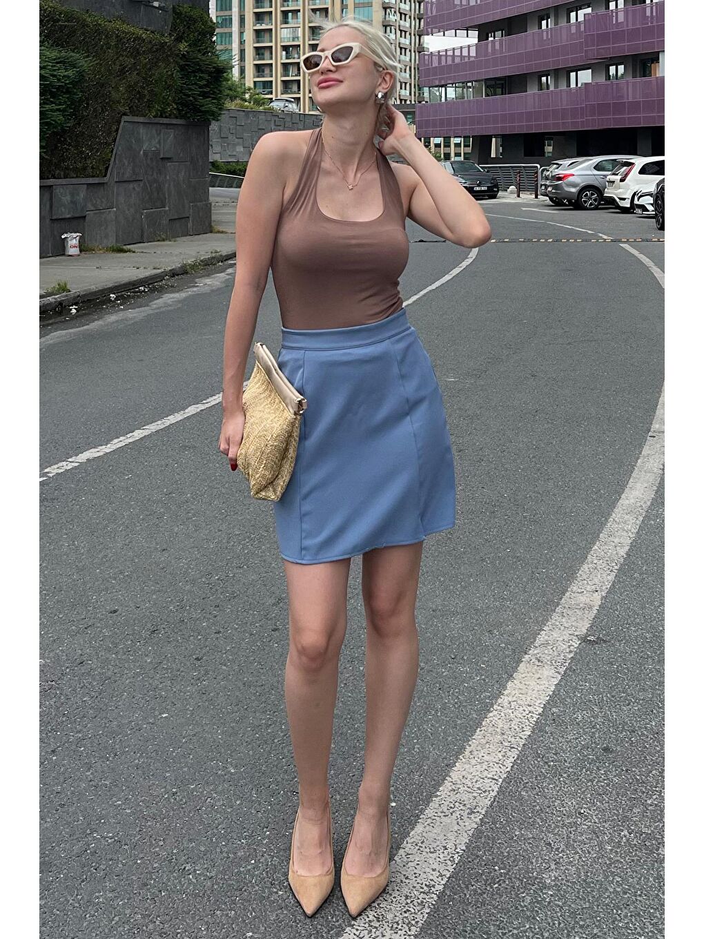 Mavi Yüksek Bel Önden Yırtmaçlı Kısa Etek Mg2086-5