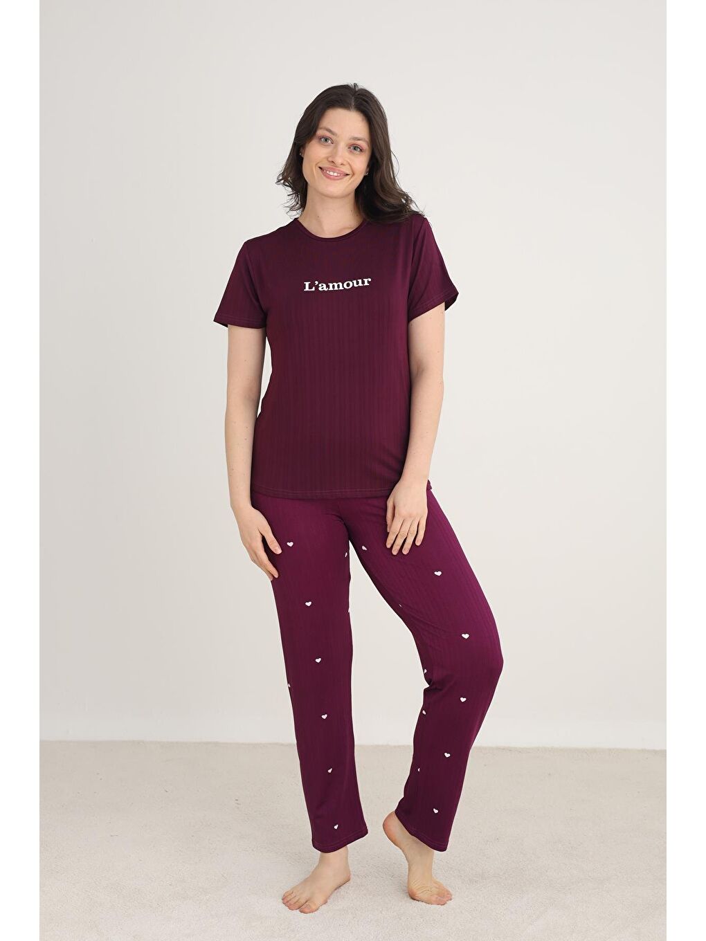 Kadın Bisiklet Yaka Pijama Takım | Mürdüm 80601-1275