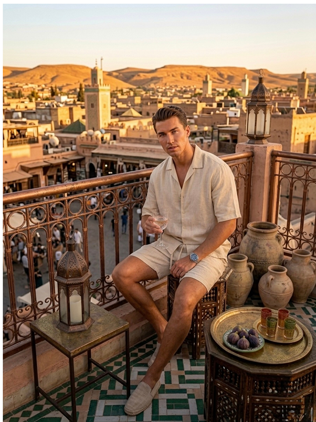 Erkek Pamuk Keten Gömlek Şort Takım Bej-4