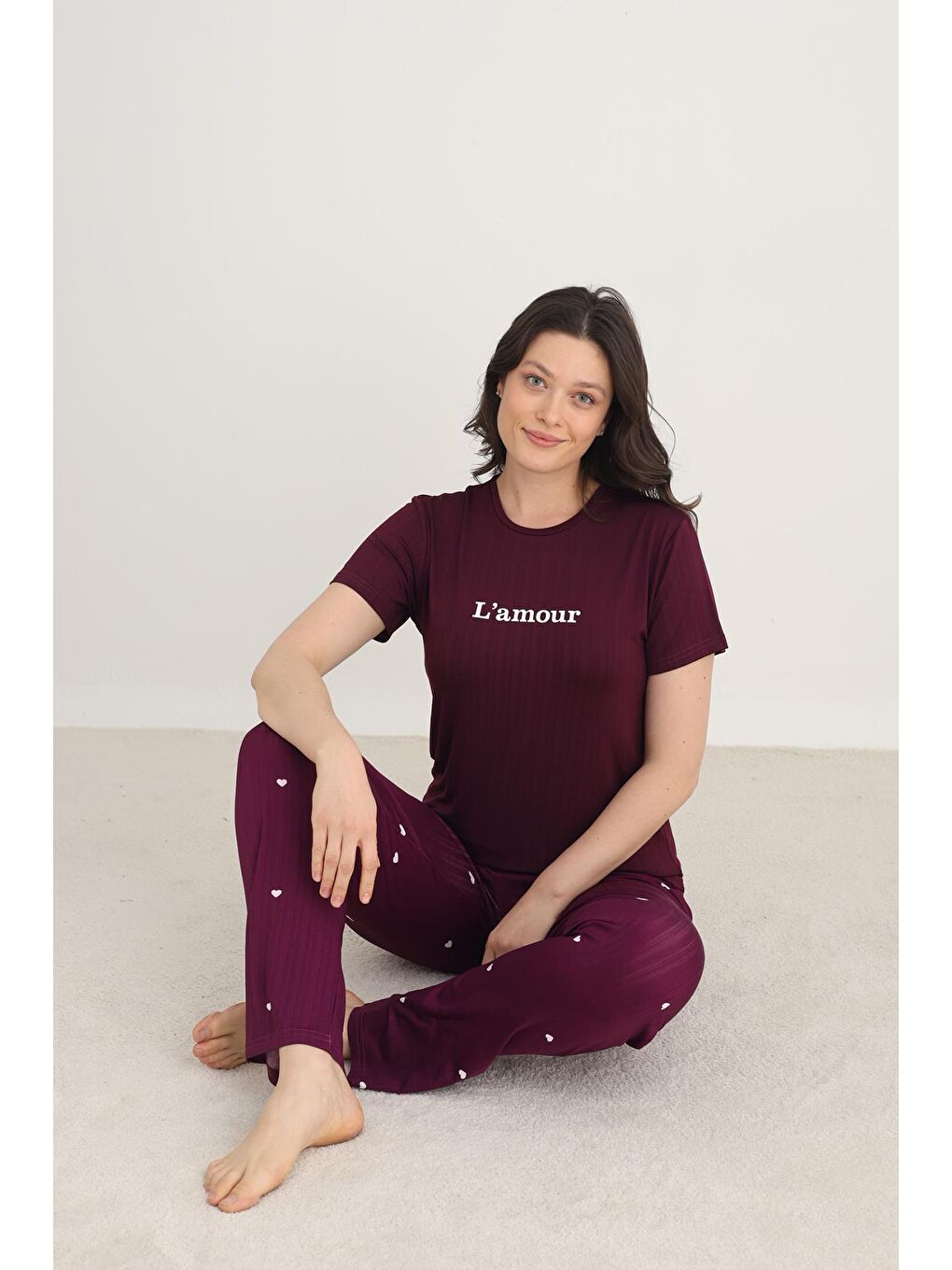 Kadın Bisiklet Yaka Pijama Takım | Mürdüm 80601-1275-1