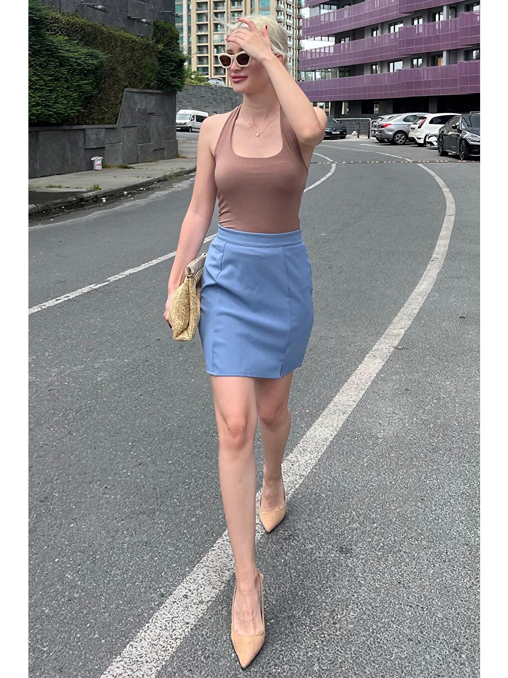 Mavi Yüksek Bel Önden Yırtmaçlı Kısa Etek Mg2086-6