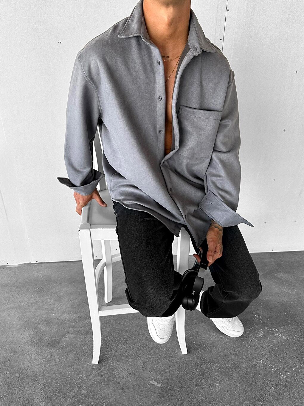 Erkek Oversize Süet Gömlek Antrasit