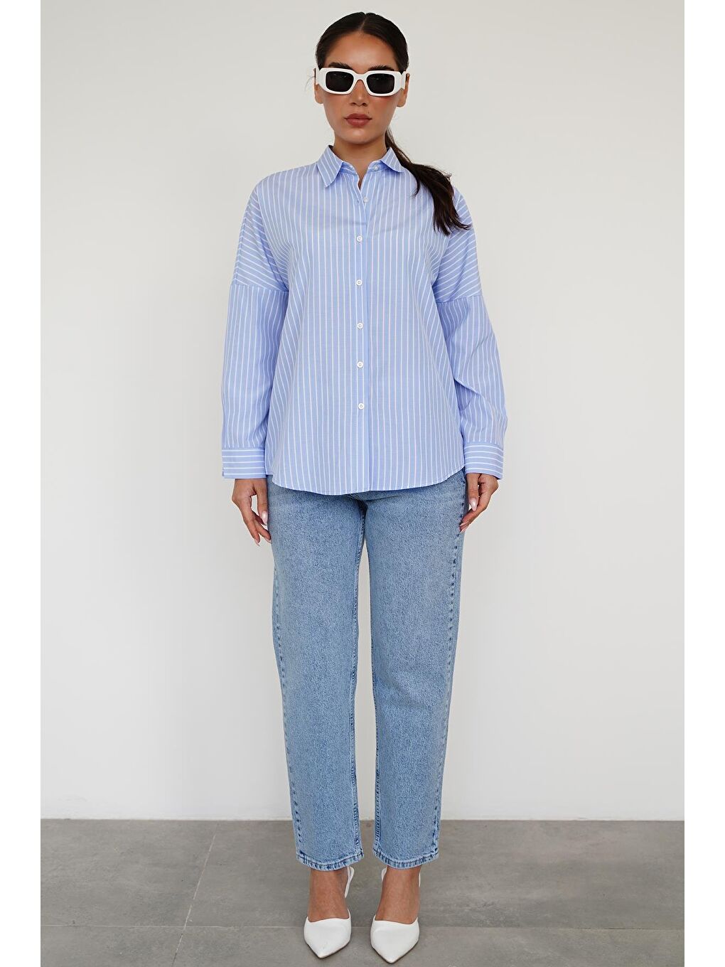 Mavi Çizgili Kadın Gömlek Mg2410-8