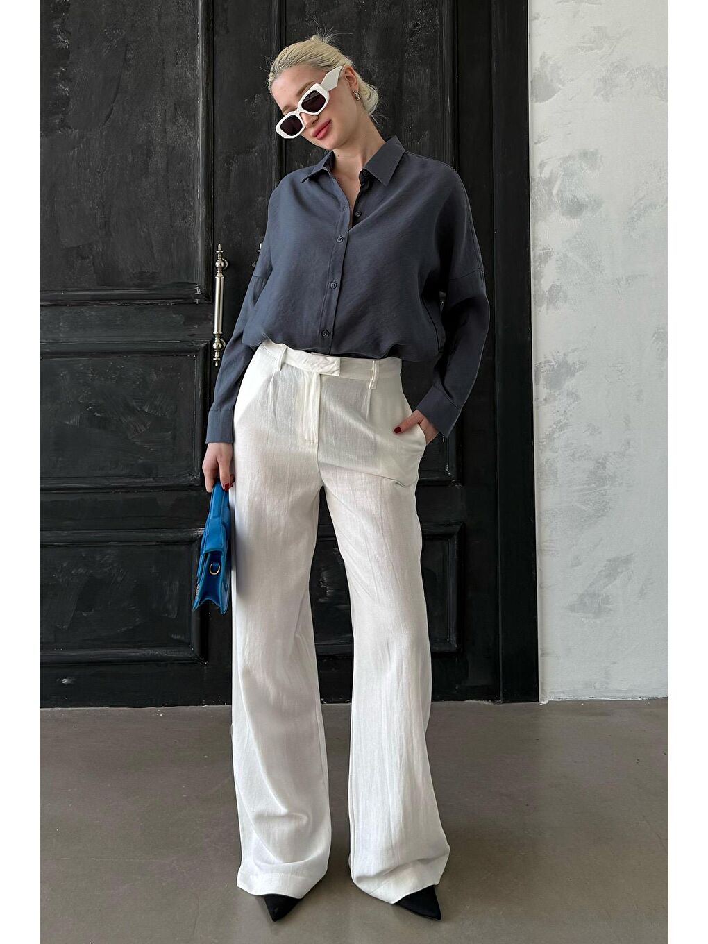 Gri Füme Uzun Kollu Oversize Gömlek Mg2003-2