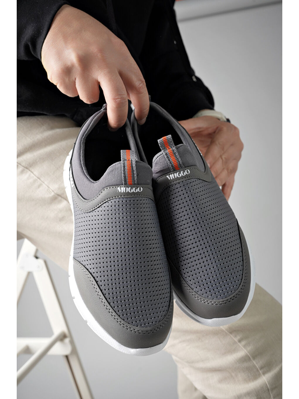 Muggo Gri Star  Unisex Ortopedik Bağcıksız Nefes Alabilen Hafif Yürüyüş Sneaker Spor Ayakkabı - 5