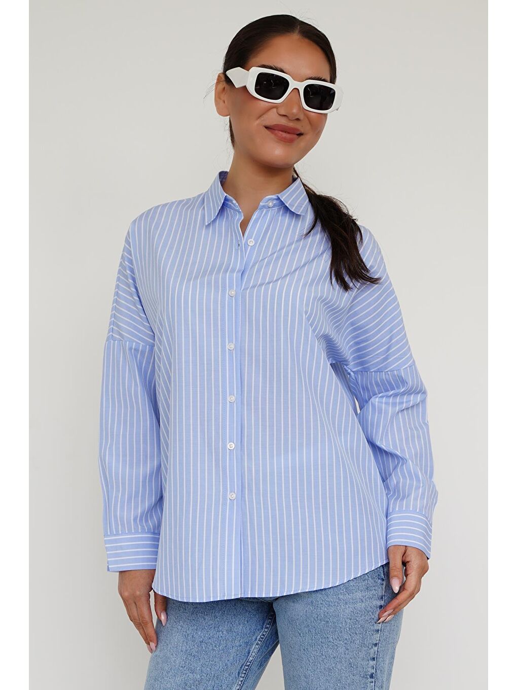 Mavi Çizgili Kadın Gömlek Mg2410-9
