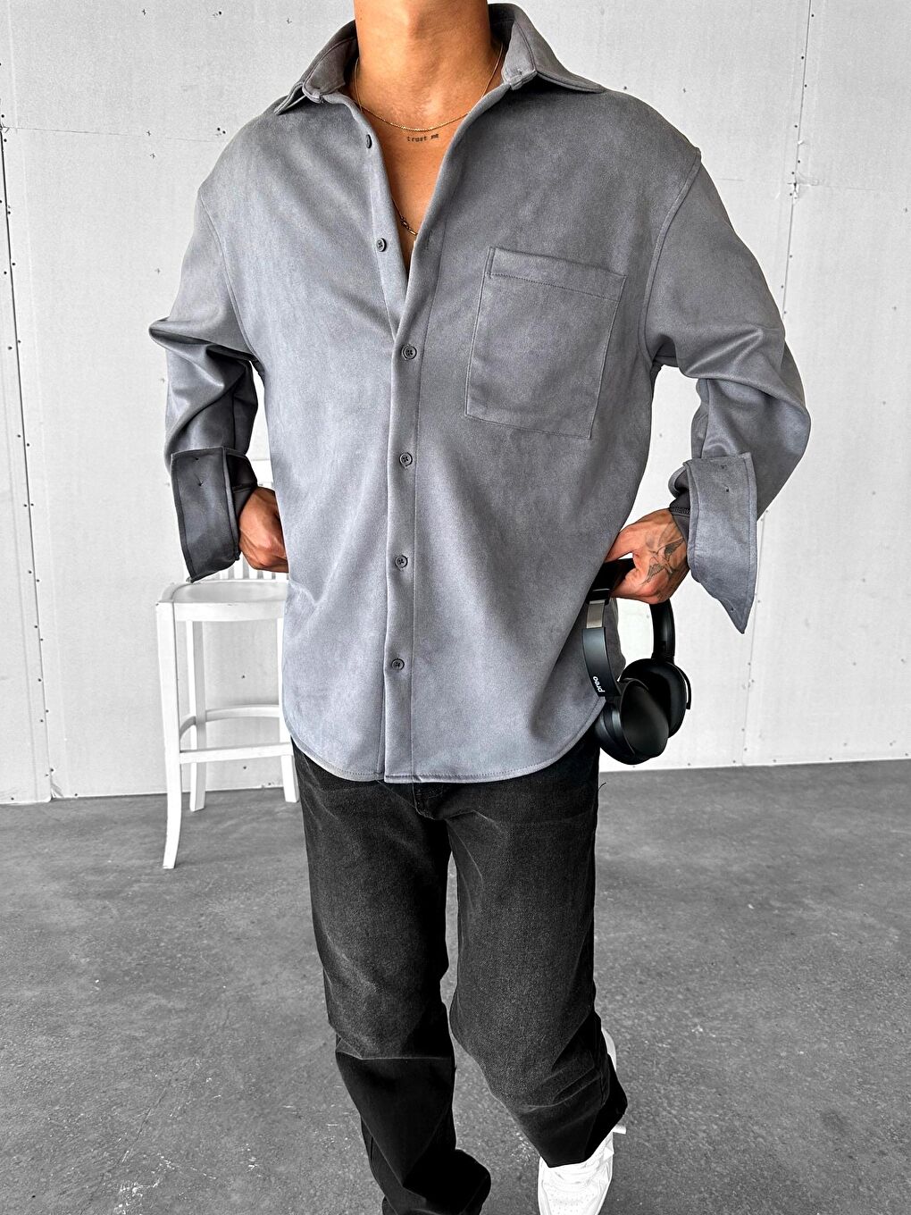 Erkek Oversize Süet Gömlek Antrasit-2
