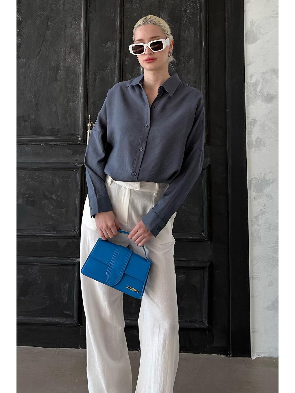 Gri Füme Uzun Kollu Oversize Gömlek Mg2003-4