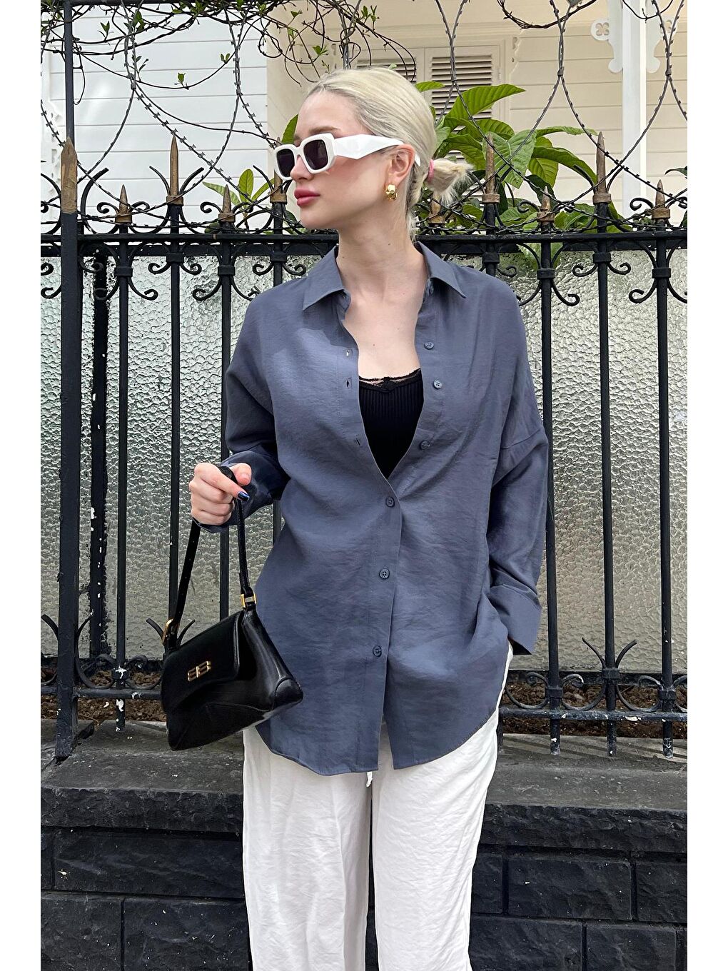 Gri Füme Uzun Kollu Oversize Gömlek Mg2003-5