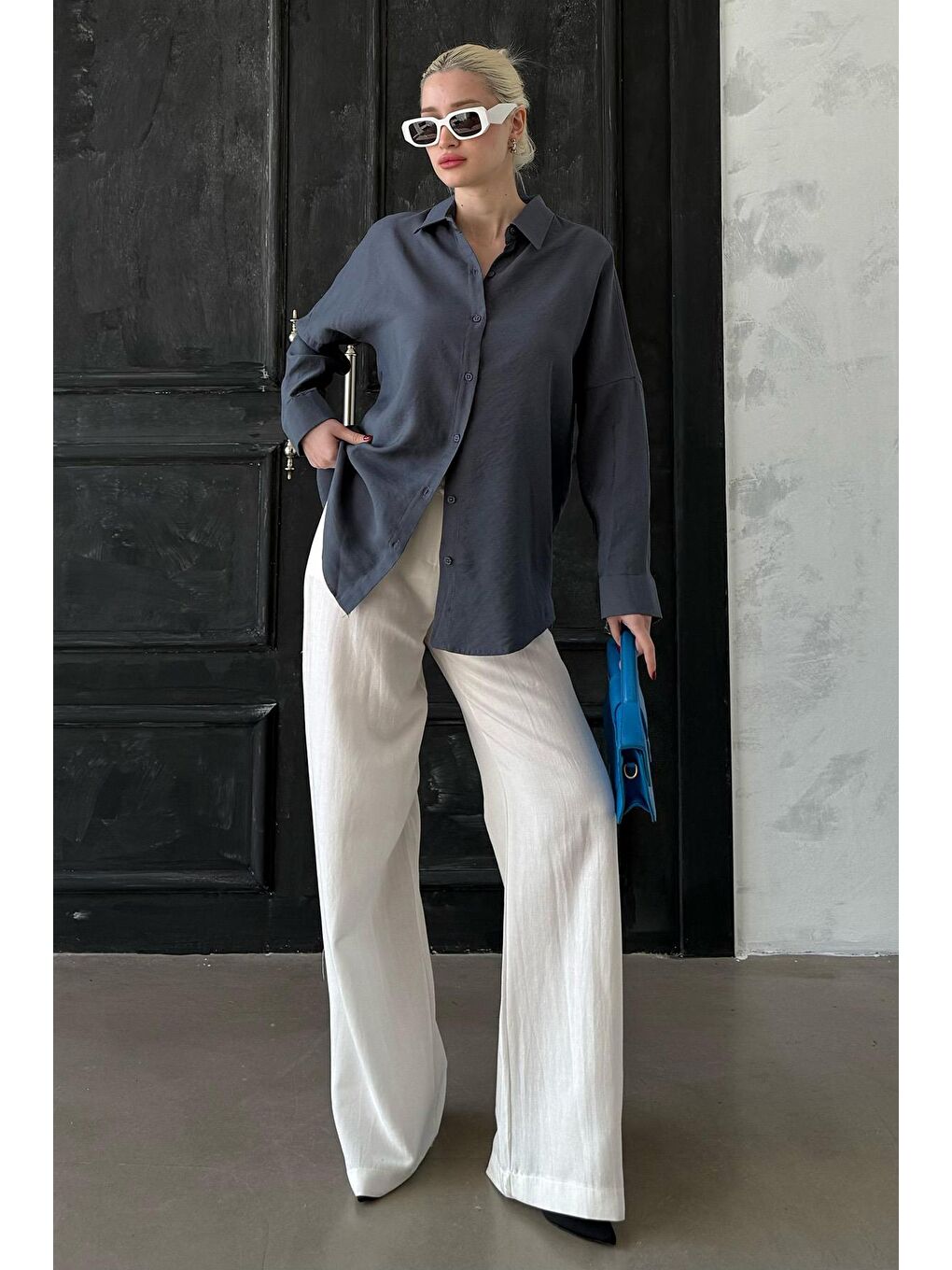 Gri Füme Uzun Kollu Oversize Gömlek Mg2003-6