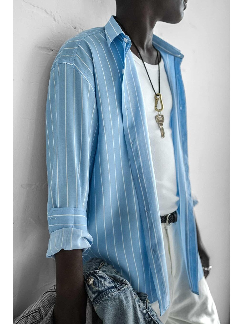 Erkek Nefes Alan Kumaştan Çizgili Rahat Oversize Gömlek Mavi