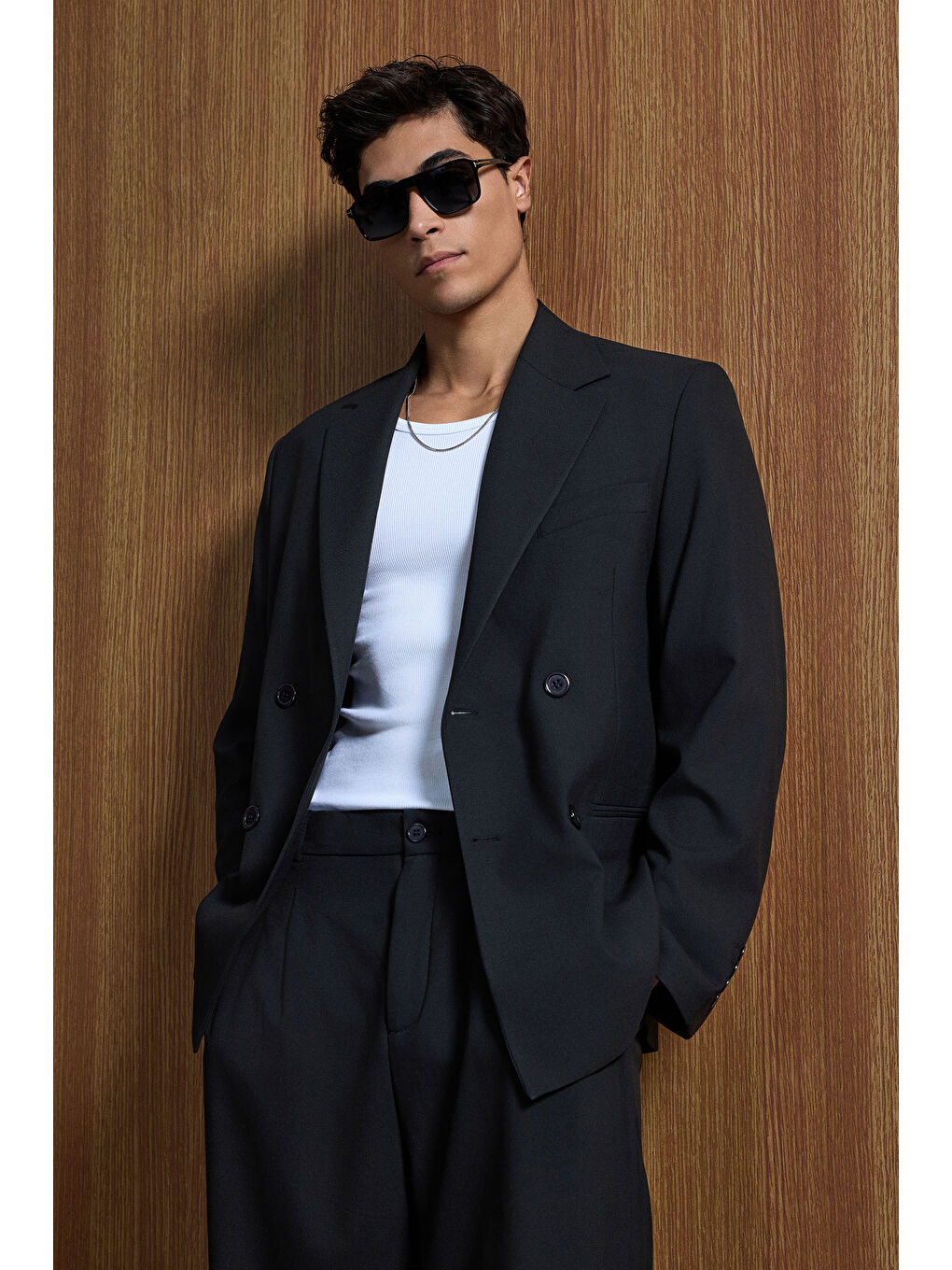 Erkek Oversize Rahat Kalıp Kruvaze Takım Elbise Siyah-2