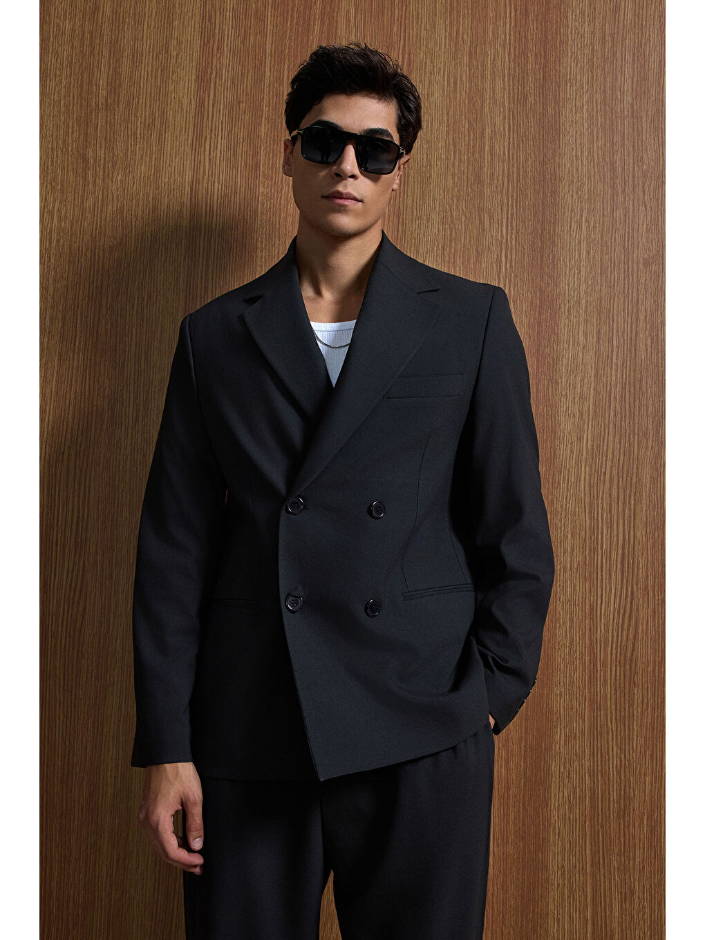 Erkek Oversize Rahat Kalıp Kruvaze Takım Elbise Siyah